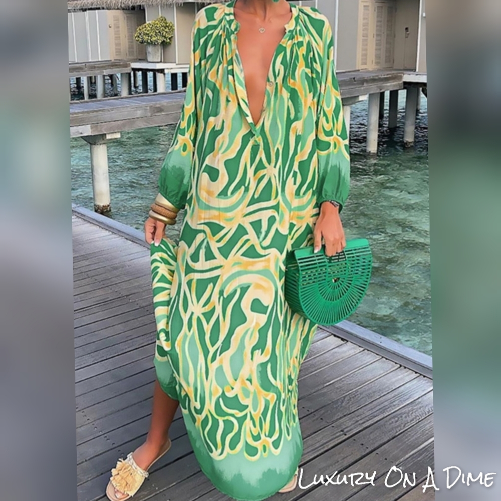 Green Abstract Button Chest Oversized Long Sleeve Dress Lightweight Colorful - Picture 7 of 10